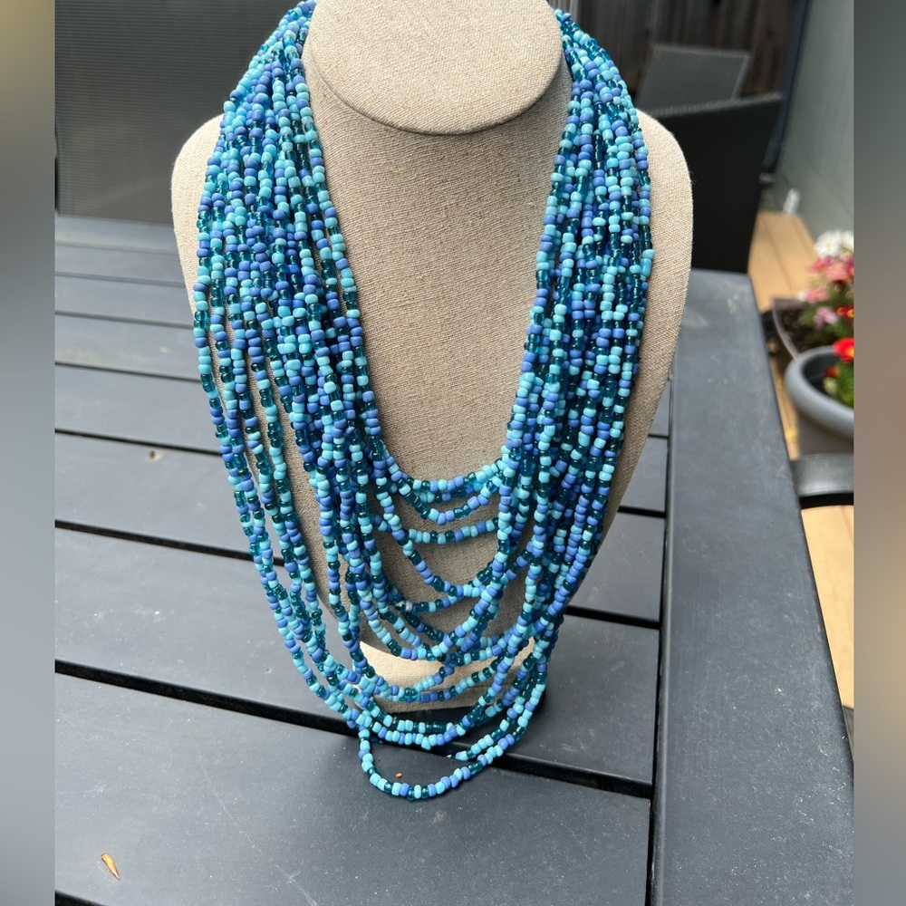 Blue Glass Seed Bead Vacation Beach Costal Hippie Boho Multi Strand Necklace